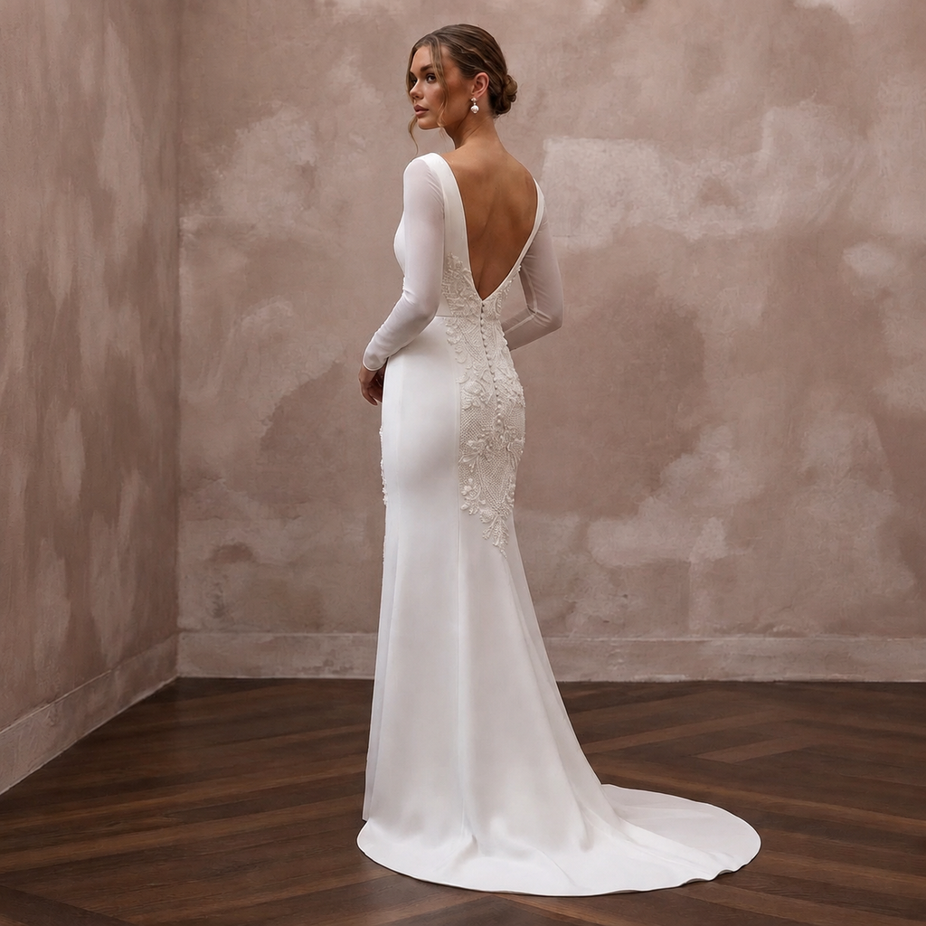 Modern Cream Crepe Long Sleeve Column for Civil Ceremony