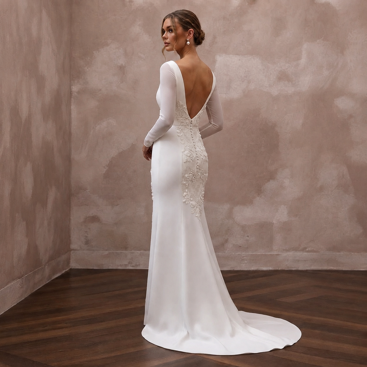Modern Cream Crepe Long Sleeve Column for Civil Ceremony