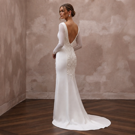 Modern Cream Crepe Long Sleeve Column for Civil Ceremony