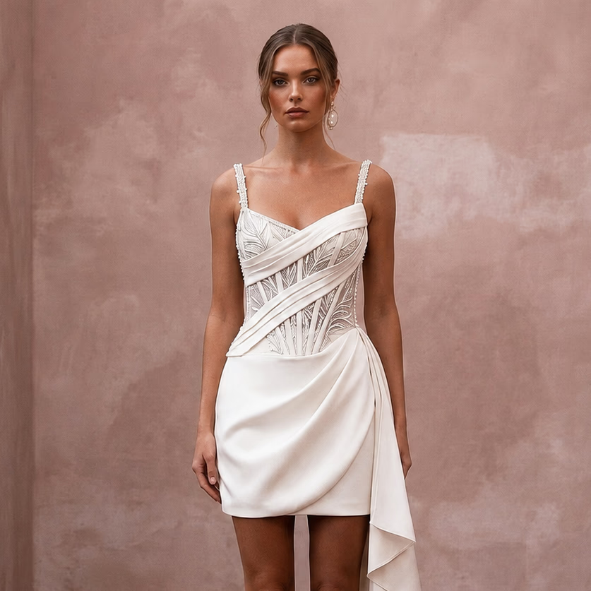 Modern Cream Stretch Sateen Corset Mini for After - Party - Apparel & Accessories > Clothing > Wedding & Bridal Party Dresses > Wedding Dresses - Mignonette Bridal