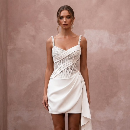 Modern Cream Stretch Sateen Corset Mini for After - Party - Apparel & Accessories > Clothing > Wedding & Bridal Party Dresses > Wedding Dresses - Mignonette Bridal