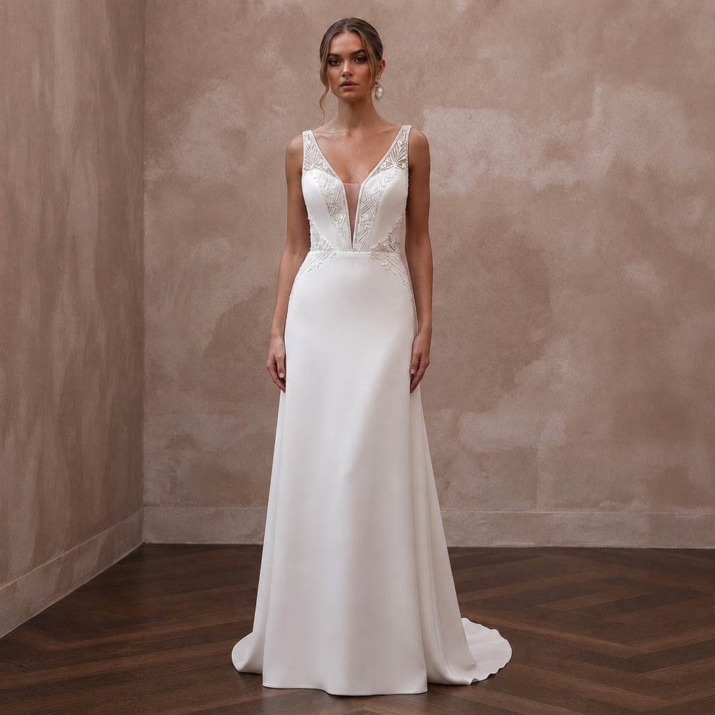 Modern Crepe A - Line Wedding Dress with V - Neck - Apparel & Accessories > Clothing > Wedding & Bridal Party Dresses > Wedding Dresses - Mignonette Bridal
