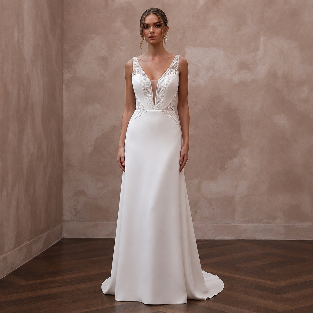 Modern Crepe A-Line Wedding Dress with V-Neck