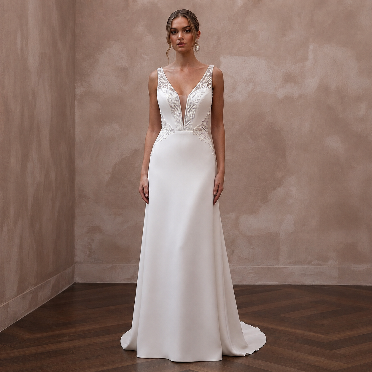 Modern Crepe A-Line Wedding Dress with V-Neck
