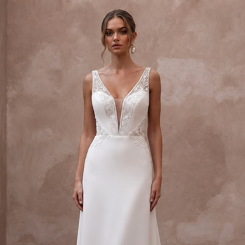 Modern Crepe A - Line Wedding Dress with V - Neck - Apparel & Accessories > Clothing > Wedding & Bridal Party Dresses > Wedding Dresses - Mignonette Bridal