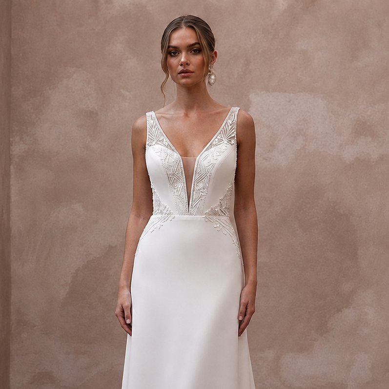 Modern Crepe A-Line Wedding Dress with V-Neck