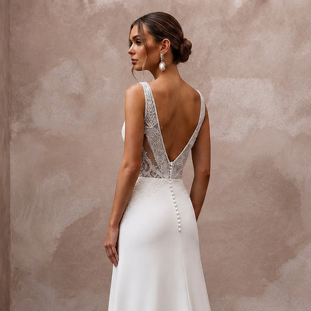 Modern Crepe A - Line Wedding Dress with V - Neck - Apparel & Accessories > Clothing > Wedding & Bridal Party Dresses > Wedding Dresses - Mignonette Bridal