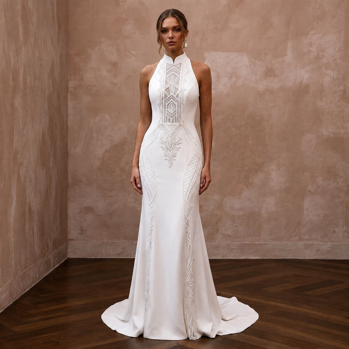 White high-neck wedding sheath dress with geometric lace embroidery and sleeveless cut Main image