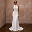 White high-neck wedding sheath dress with geometric lace embroidery and sleeveless cut