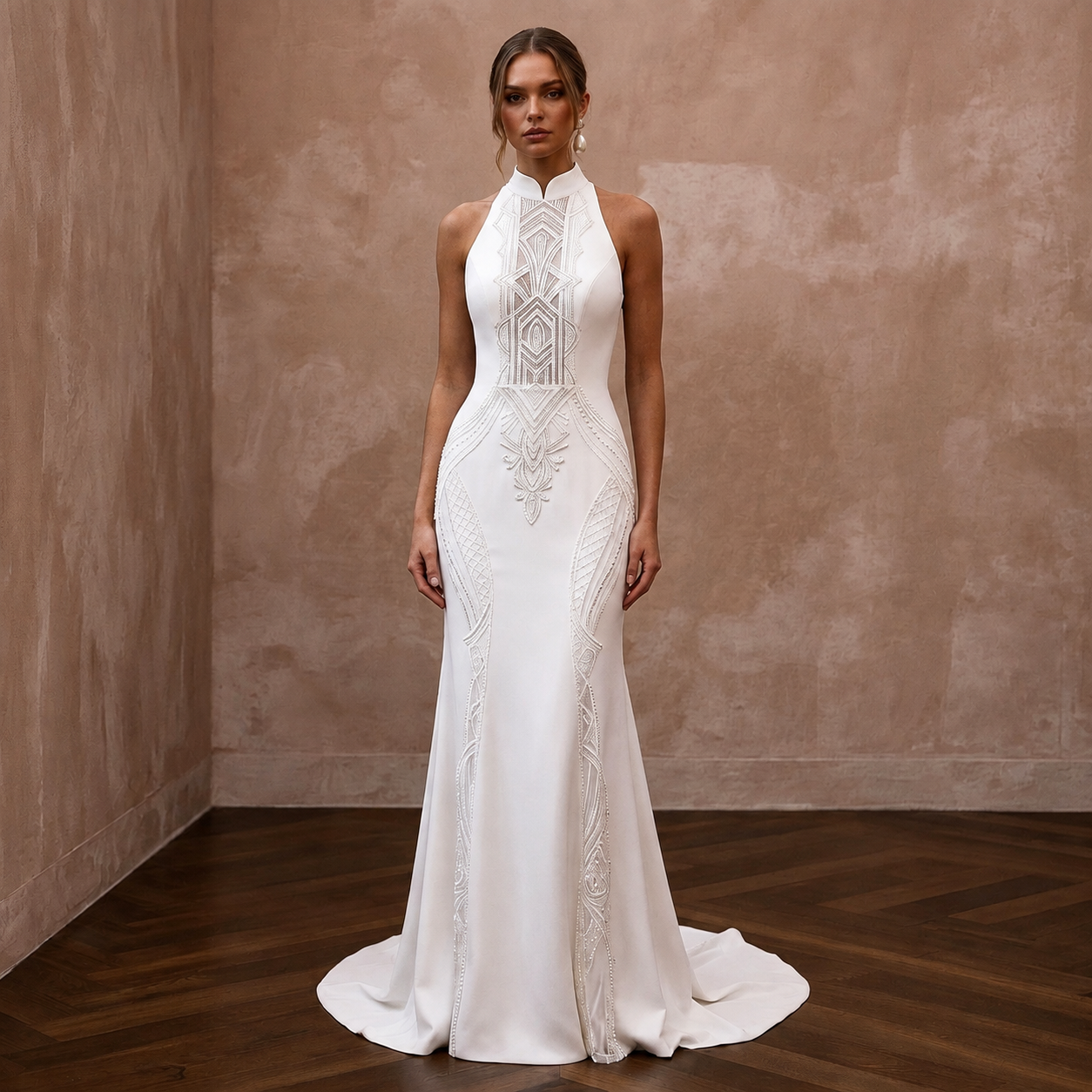 White high-neck wedding sheath dress with geometric lace embroidery and sleeveless cut