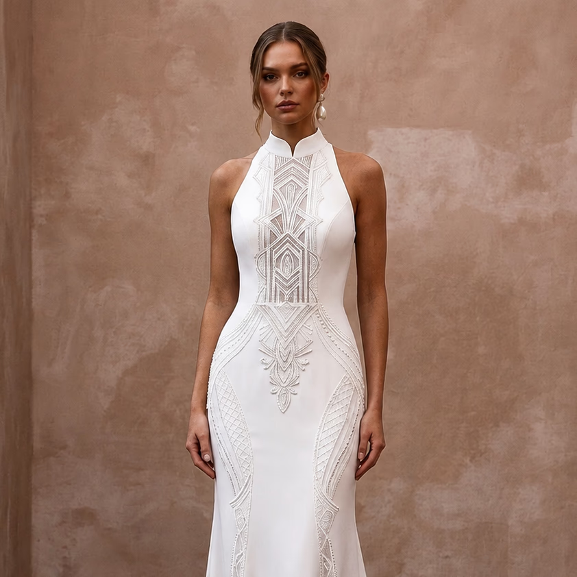 White sleeveless wedding sheath dress with high neck and ornate lace panel front