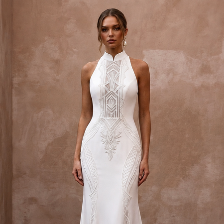 White sleeveless wedding sheath dress with high neck and ornate lace panel front
