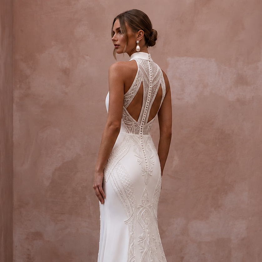 White backless wedding sheath dress with lace embroidery and high-neck detail