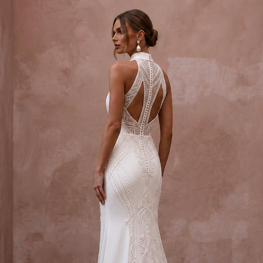 White backless wedding sheath dress with lace embroidery and high-neck detail