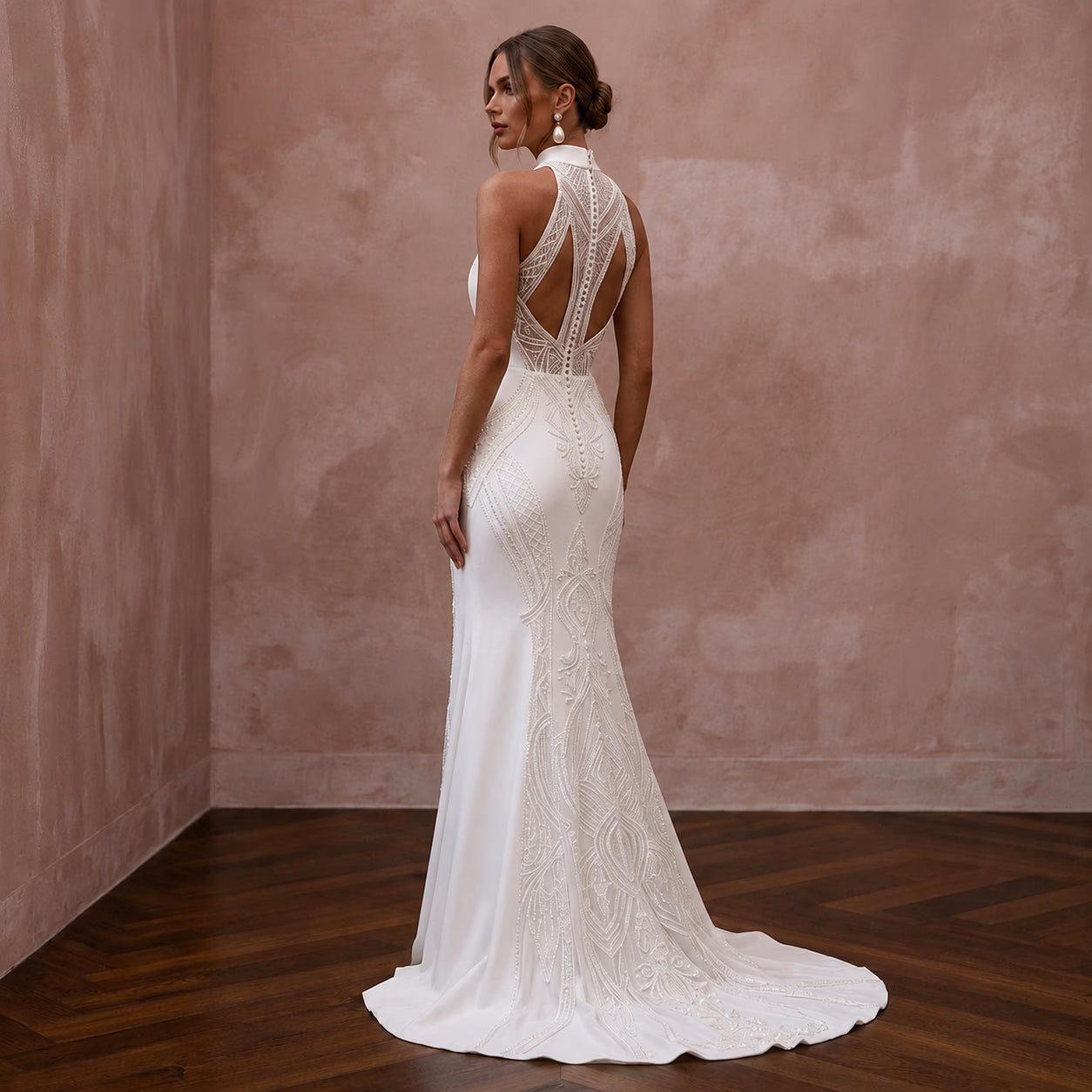 Modern Crepe High Neck Wedding Dress with Sheath Silhouette Secondary image