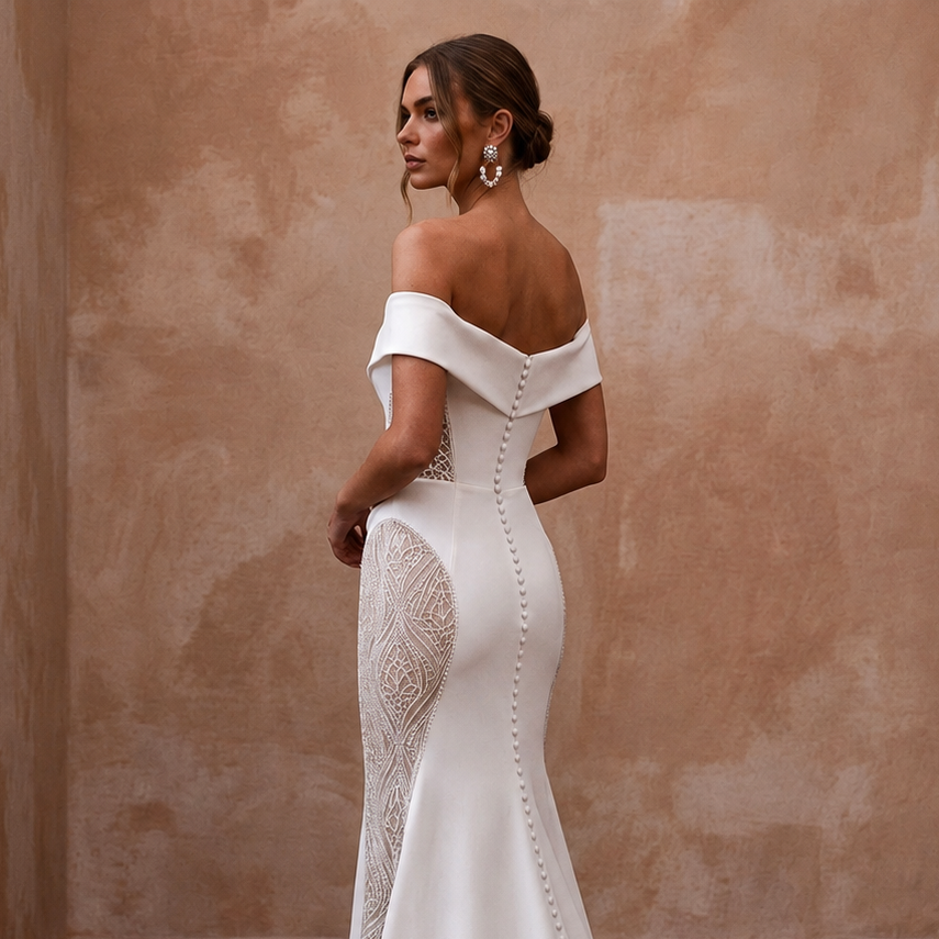White off-the-shoulder mermaid wedding dress with embroidered lace side insert