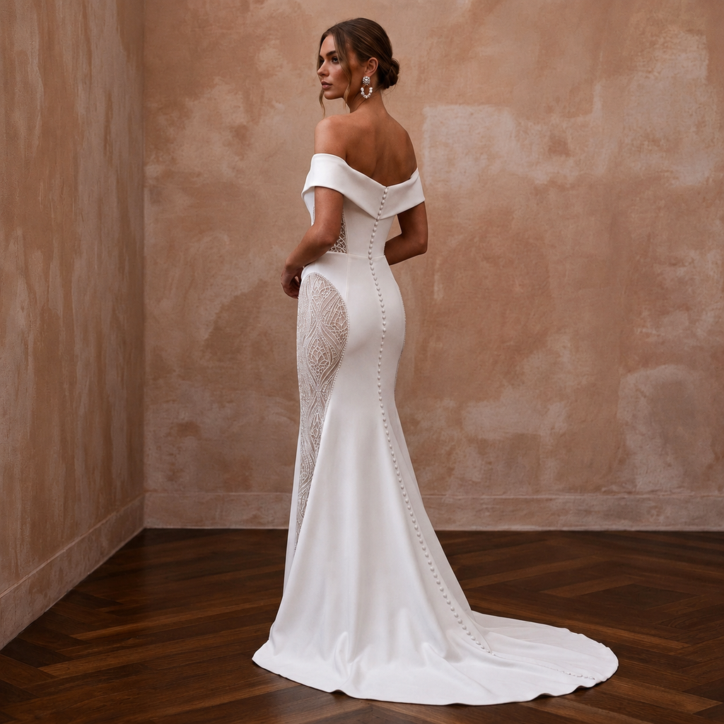 White off-the-shoulder mermaid wedding dress with lace side panel and fitted skirt