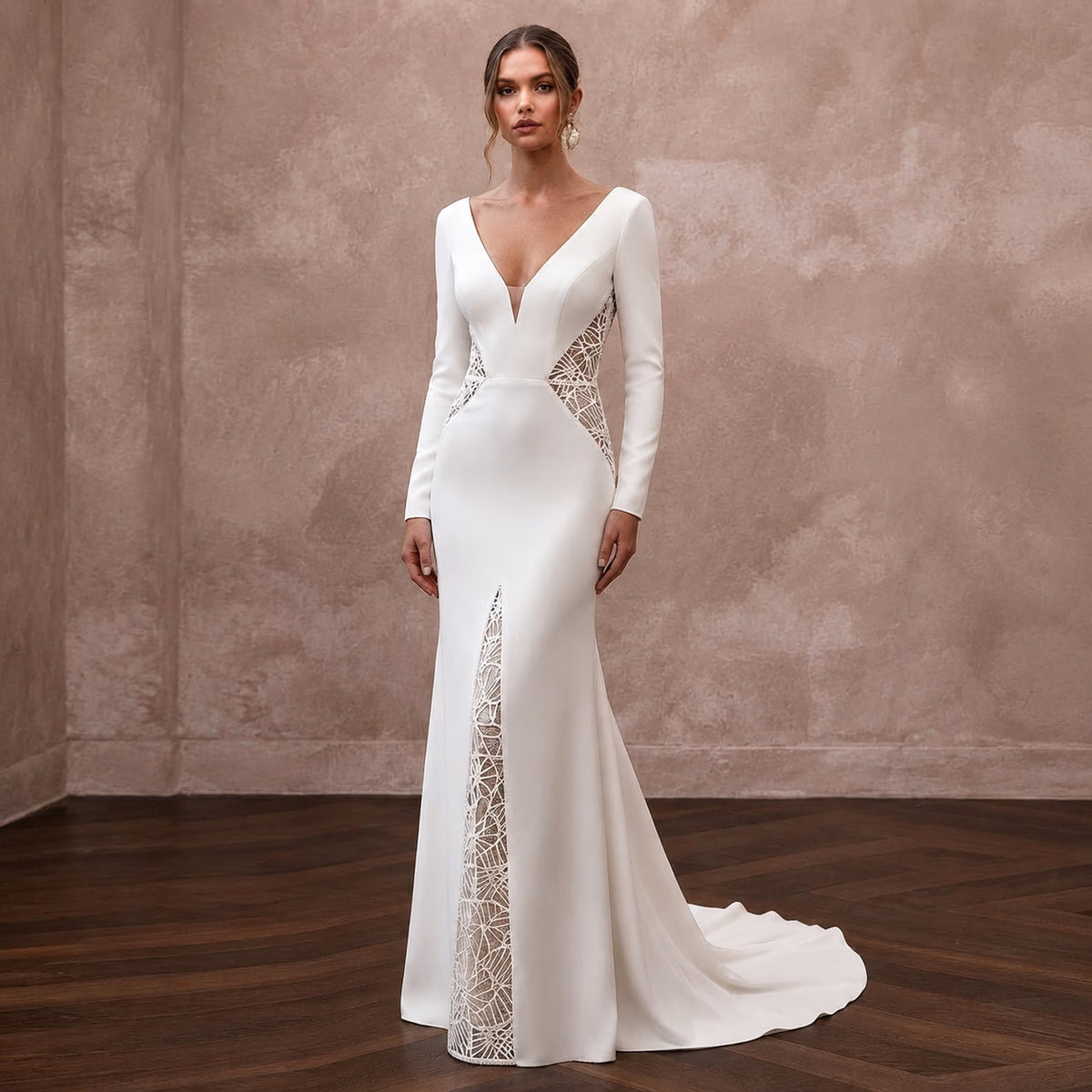 Modern Crepe Sheath Wedding Dress with V - Neck - Apparel & Accessories > Clothing > Wedding & Bridal Party Dresses > Wedding Dresses - Mignonette Bridal