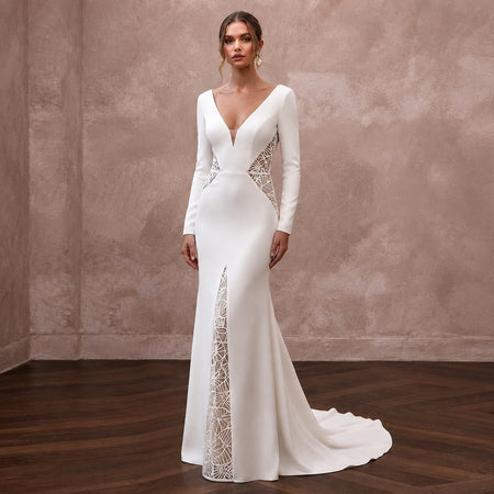 Modern Crepe Sheath Wedding Dress with V - Neck - Apparel & Accessories > Clothing > Wedding & Bridal Party Dresses > Wedding Dresses - Mignonette Bridal