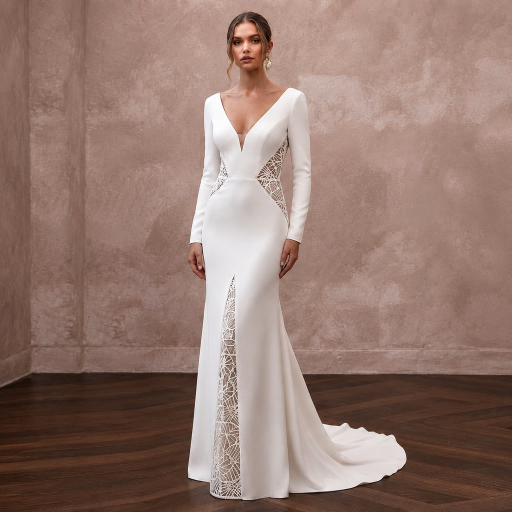 Modern Crepe Sheath Wedding Dress with V - Neck - Apparel & Accessories > Clothing > Wedding & Bridal Party Dresses > Wedding Dresses - Mignonette Bridal