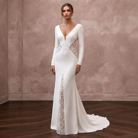 Modern Crepe Sheath Wedding Dress with V - Neck - Apparel & Accessories > Clothing > Wedding & Bridal Party Dresses > Wedding Dresses - Mignonette Bridal