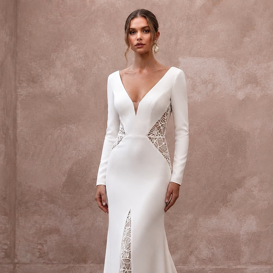 Modern Crepe Sheath Wedding Dress with V - Neck - Apparel & Accessories > Clothing > Wedding & Bridal Party Dresses > Wedding Dresses - Mignonette Bridal