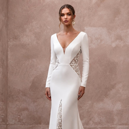 Modern Crepe Sheath Wedding Dress with V - Neck - Apparel & Accessories > Clothing > Wedding & Bridal Party Dresses > Wedding Dresses - Mignonette Bridal