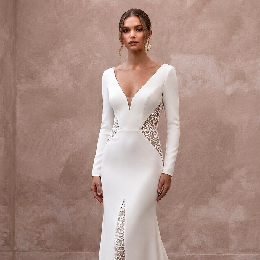 Modern Crepe Sheath Wedding Dress with V - Neck - Apparel & Accessories > Clothing > Wedding & Bridal Party Dresses > Wedding Dresses - Mignonette Bridal