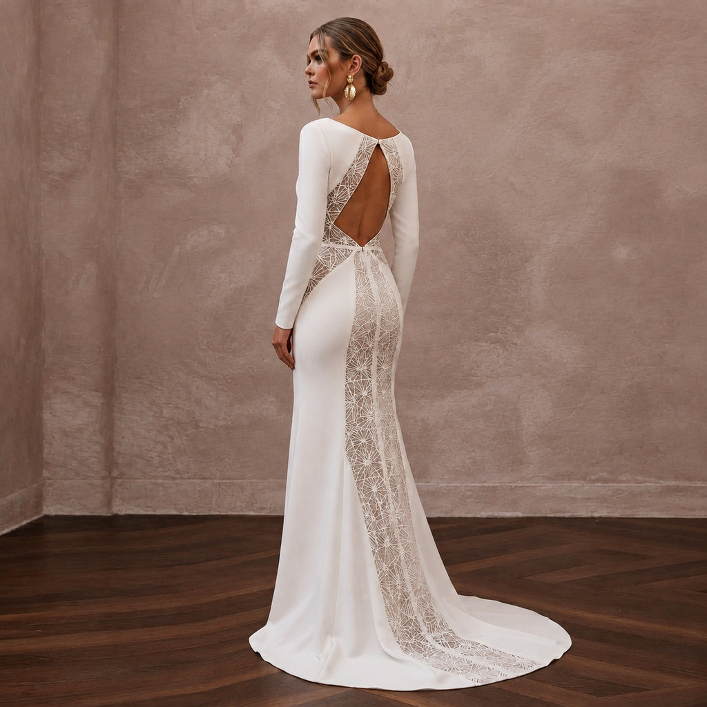 Modern Crepe Sheath Wedding Dress with V - Neck - Apparel & Accessories > Clothing > Wedding & Bridal Party Dresses > Wedding Dresses - Mignonette Bridal