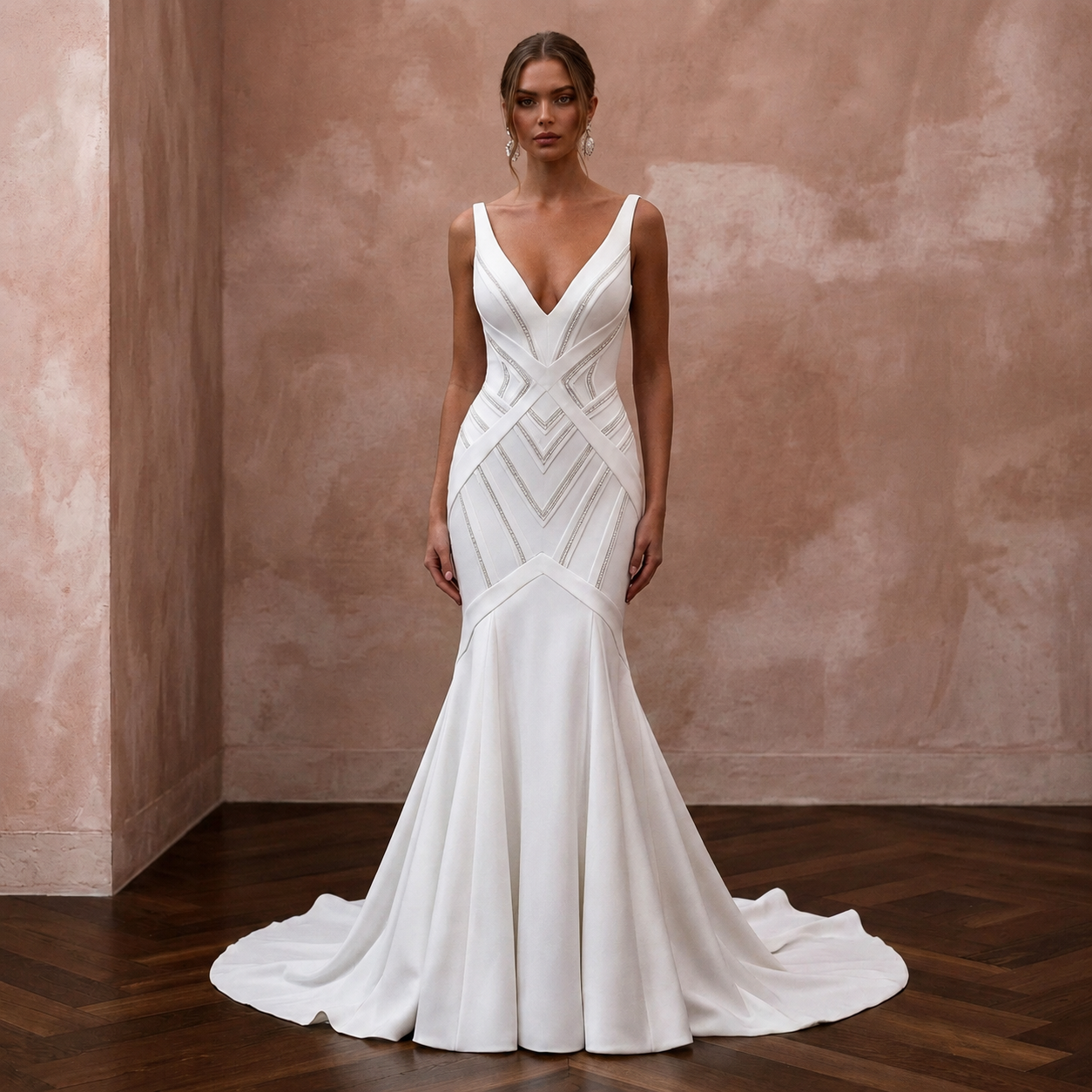 White V-neck mermaid wedding dress with geometric seaming and sleeveless bodice