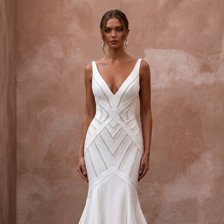White sleeveless V-neck mermaid wedding dress with corset-style geometric panels