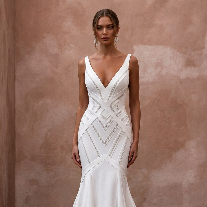 White sleeveless V-neck mermaid wedding dress with corset-style geometric panels