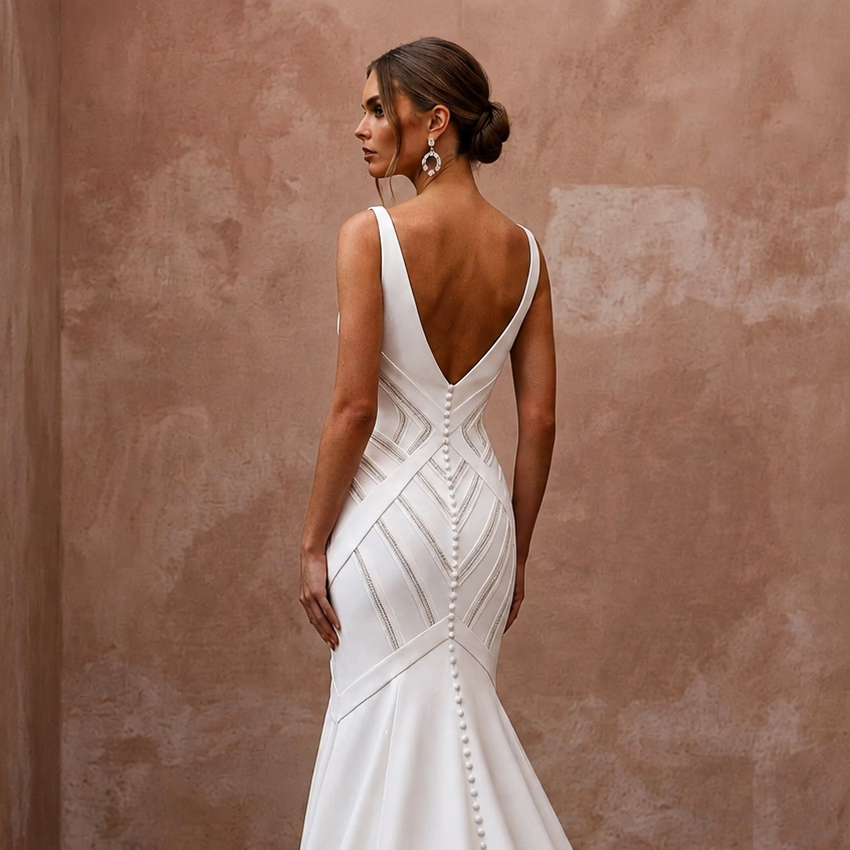 White V-back mermaid wedding dress with fitted geometric panels and bead trim