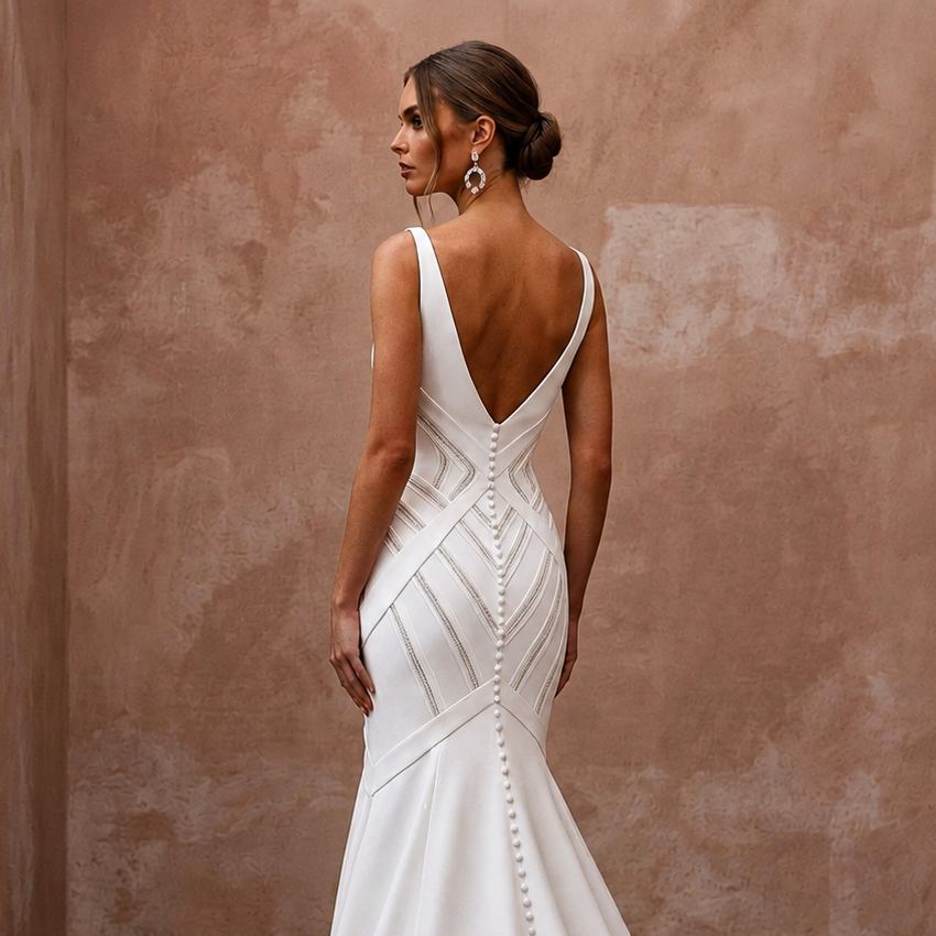 White V-back mermaid wedding dress with fitted geometric panels and bead trim