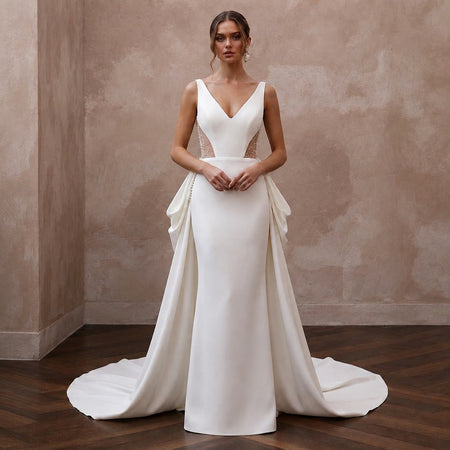 Modern Crepe Wedding Dress with Detachable Train and Sheath Silhouette