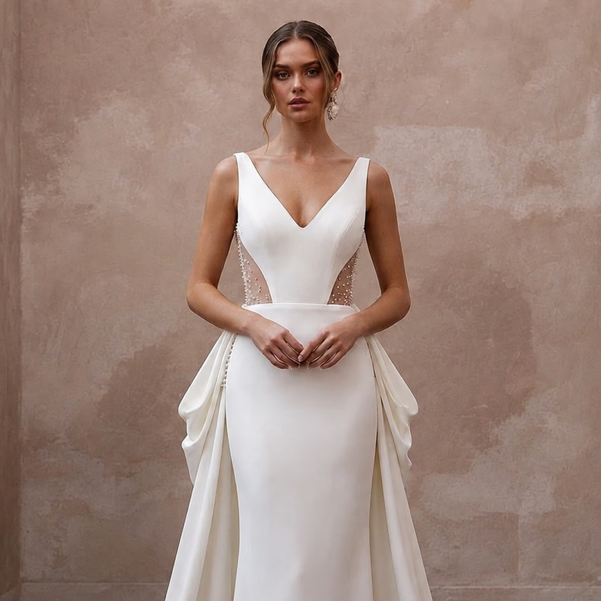 Modern Crepe Wedding Dress with Detachable Train and Sheath Silhouette
