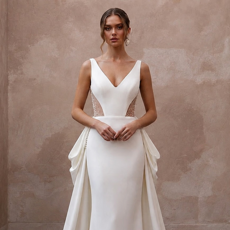 Modern Crepe Wedding Dress with Detachable Train and Sheath Silhouette