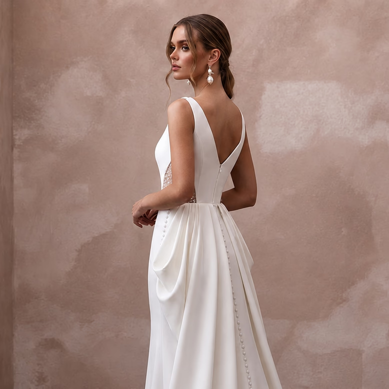 Modern Crepe Wedding Dress with Detachable Train and Sheath Silhouette