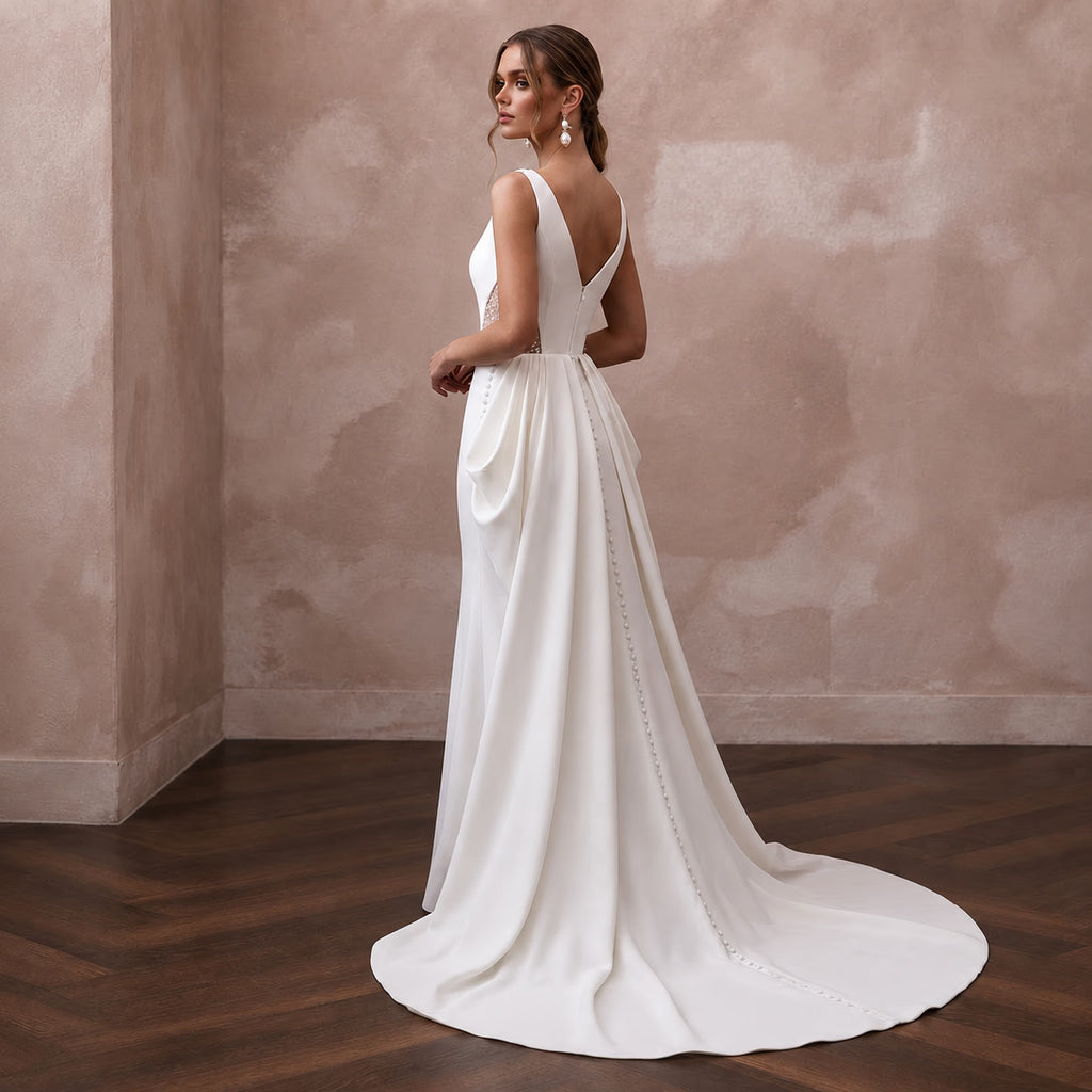 Modern Crepe Wedding Dress with Detachable Train and Sheath Silhouette