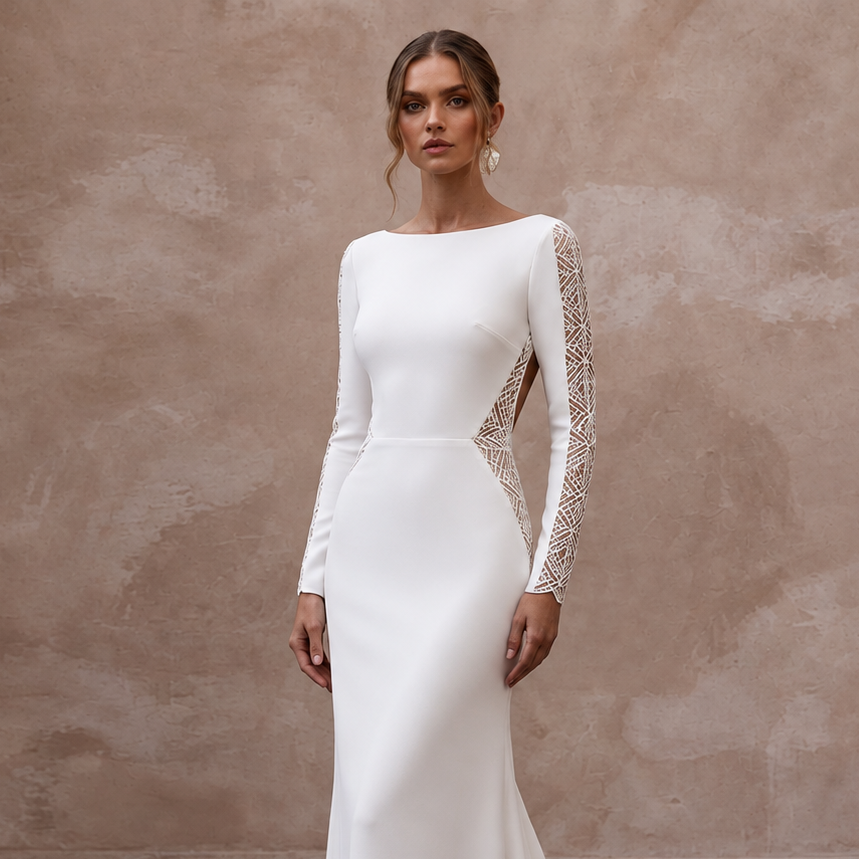 Modern Crepe Wedding Dress with Long Sleeves