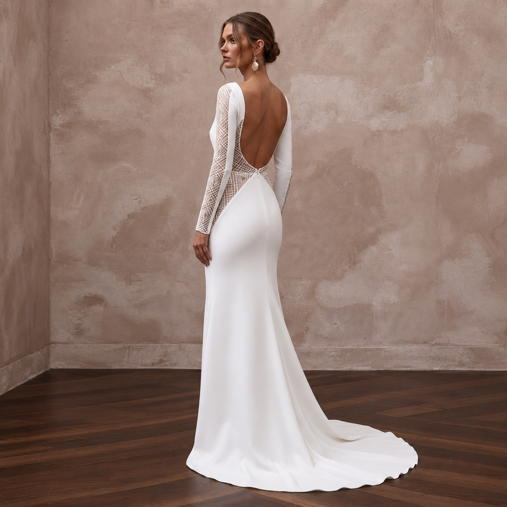 Modern Crepe Wedding Dress with Long Sleeves