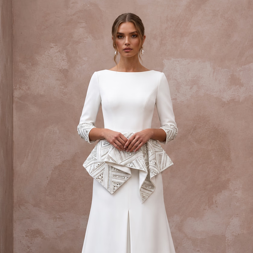 Modern Crepe Wedding Gown for an Urban Loft Wedding - Apparel & Accessories > Clothing > Wedding & Bridal Party Dresses > Wedding Dresses - Mignonette Bridal