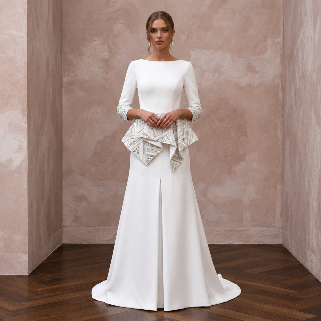 Modern Crepe Wedding Gown for an Urban Loft Wedding - Apparel & Accessories > Clothing > Wedding & Bridal Party Dresses > Wedding Dresses - Mignonette Bridal
