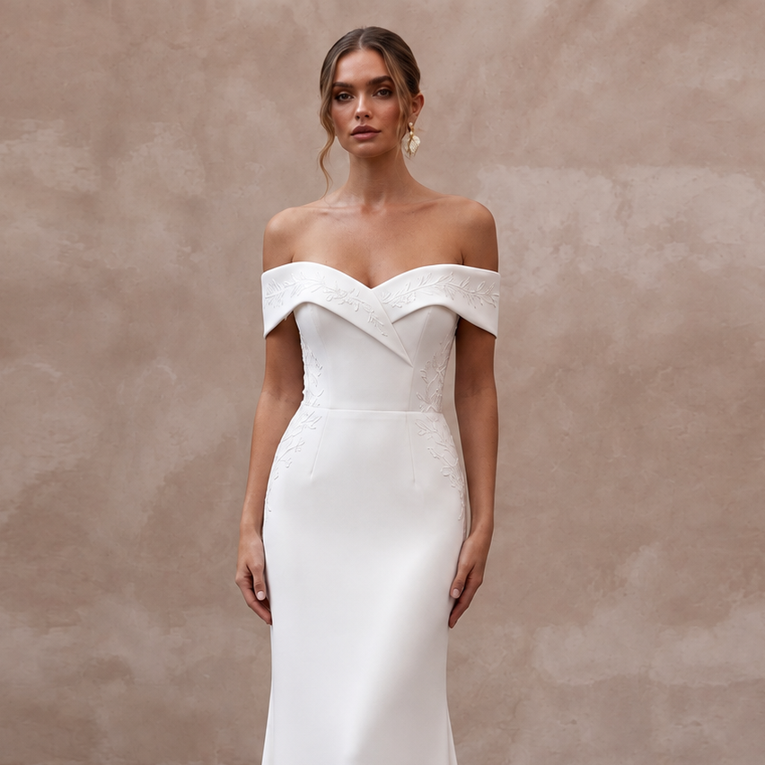 Modern Crepe Wedding Gown with Off-the-Shoulder Neckline
