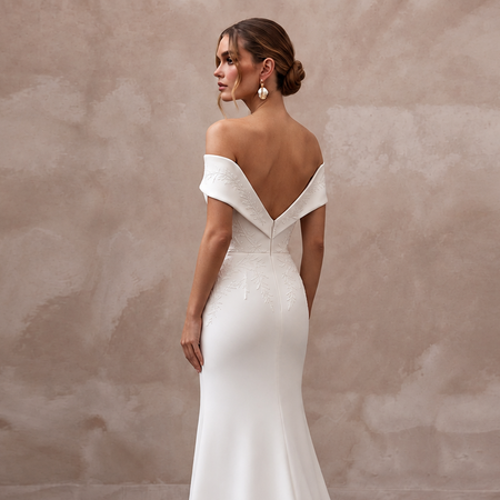 Modern Crepe Wedding Gown with Off-the-Shoulder Neckline