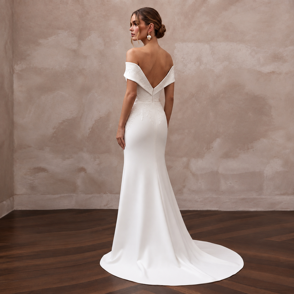 Modern Crepe Wedding Gown with Off-the-Shoulder Neckline