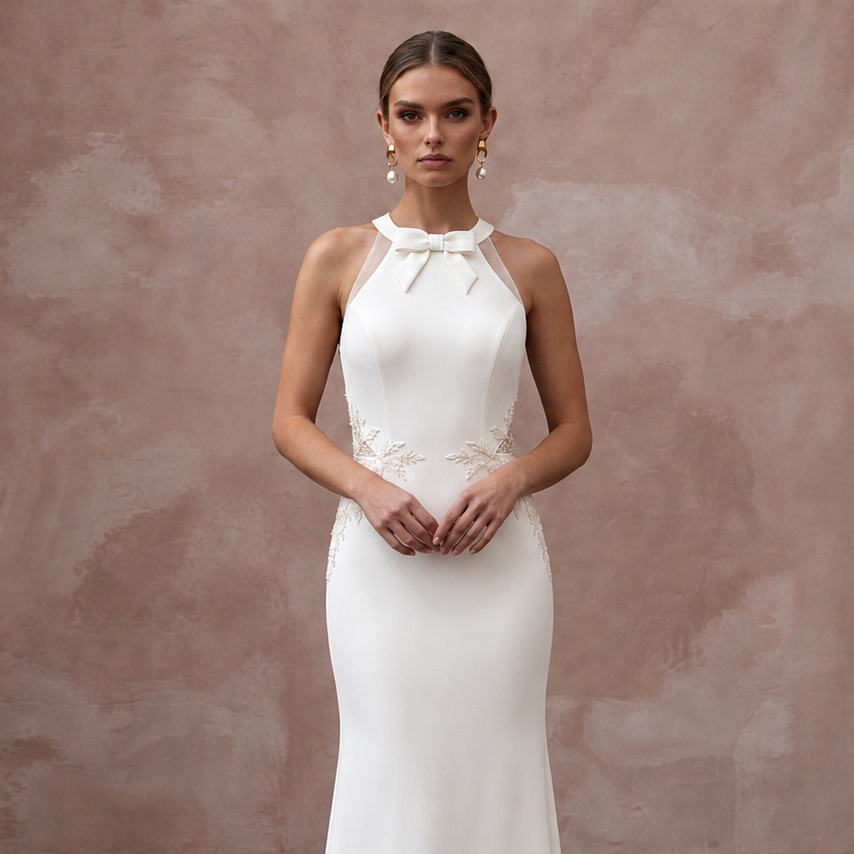 Modern Crepe Wedding Gown with V-Back