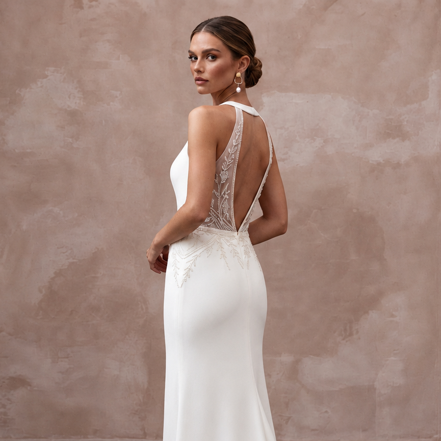 Modern Crepe Wedding Gown with V-Back