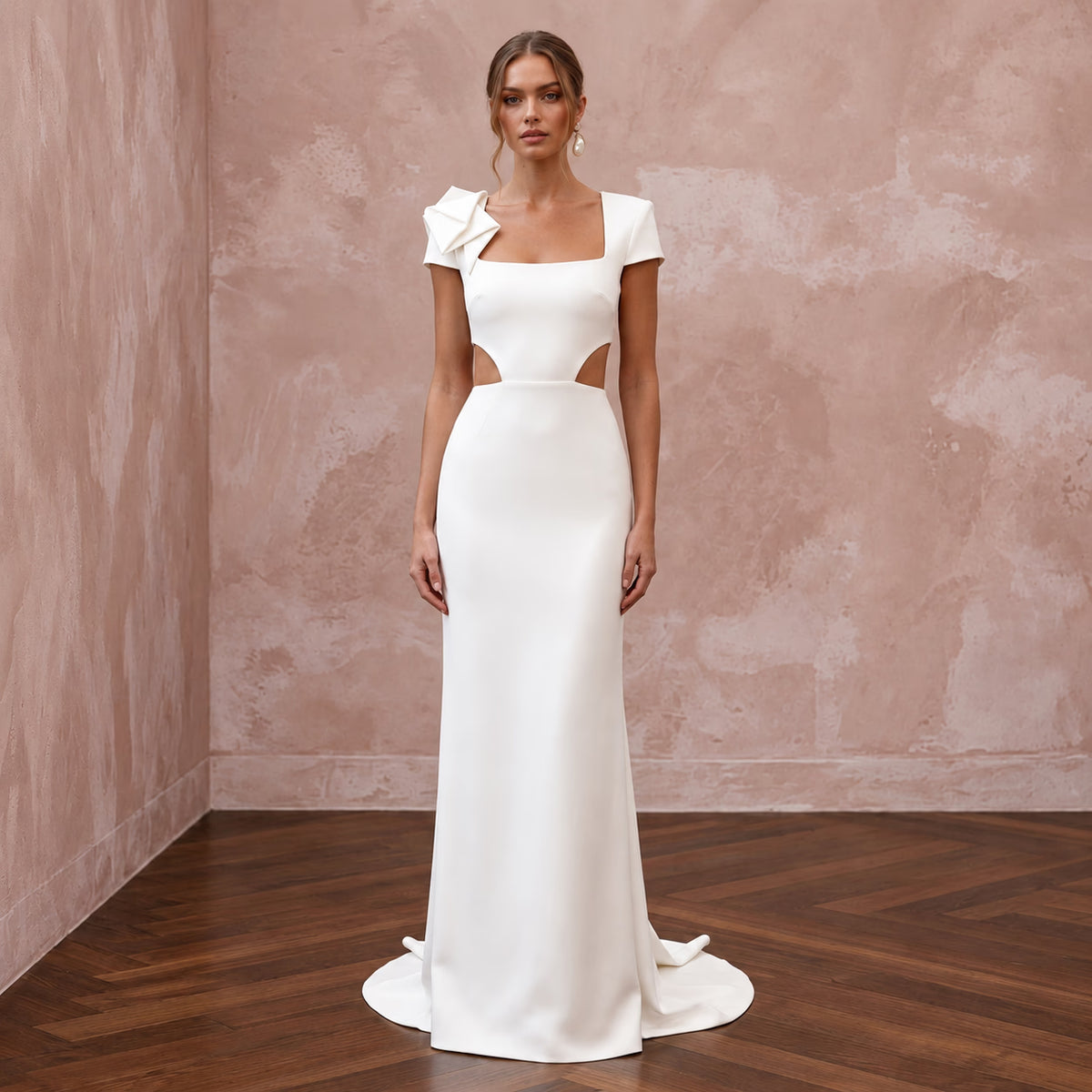 Modern Ivory Crepe Column Bridal Gown with Cutouts for After - Party - Apparel & Accessories > Clothing > Wedding & Bridal Party Dresses > Wedding Dresses - Mignonette Bridal Main image