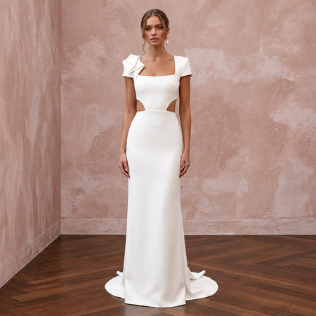Modern Ivory Crepe Column Bridal Gown with Cutouts for After-Party